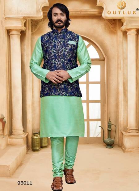 Blue And Pista Colour Outluk 95 New Latest Designer Ethnic Wear Kurta Pajama With Jacket Collection 95011